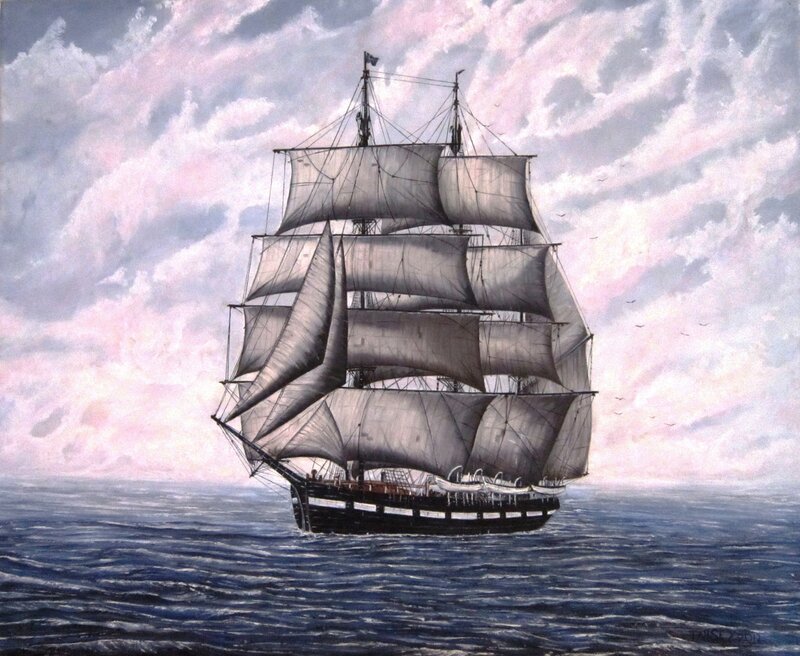 Sailing Ship on Ocean — Blue, Dramatic, Sunset, Painting, Clouds