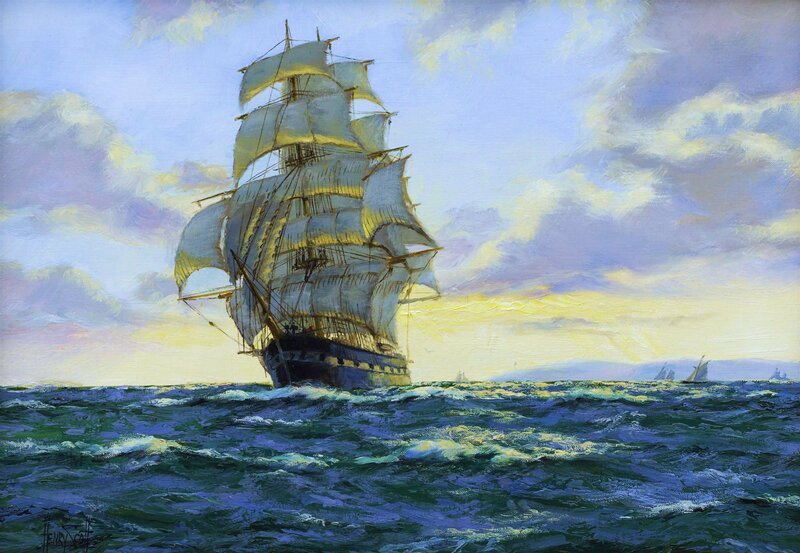 Sailing Ship on Ocean — Blue, Dramatic, Sunset, Painting, Sky, Clouds