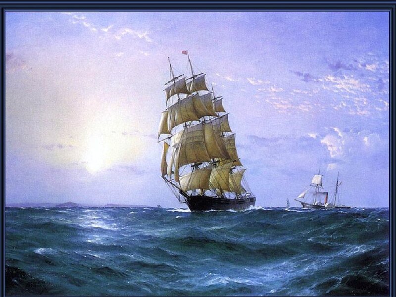Sailing Ship on Ocean — Blue, Dramatic, Sunset, Painting, Sky, Other Ship