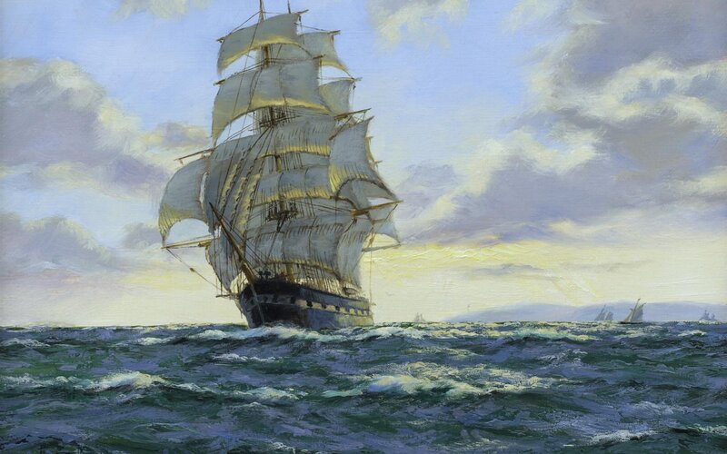 Sailing Ship on Ocean — Blue, Dramatic, Sunset, Painting, Sky