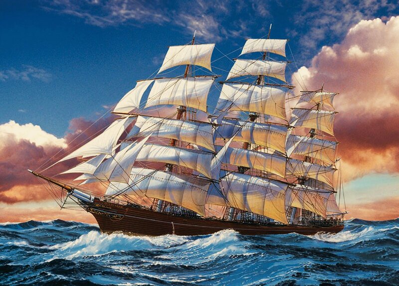 Sailing Ship on Ocean — Blue, Dramatic, Sunset, Painting