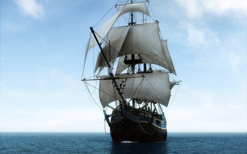 Sailing Ship on Ocean — Blue, Serene, Afternoon, 3d Render, Sails, Mast
