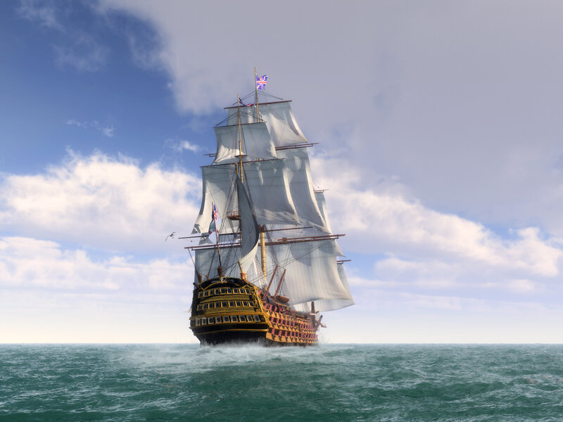 Sailing Ship on Ocean — Blue, Serene, Afternoon, 3d Render, Sails, Sky