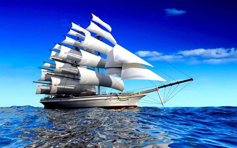 Sailing Ship on Ocean — Blue, Serene, Afternoon, 3d Render, Sails, Sky, Waves