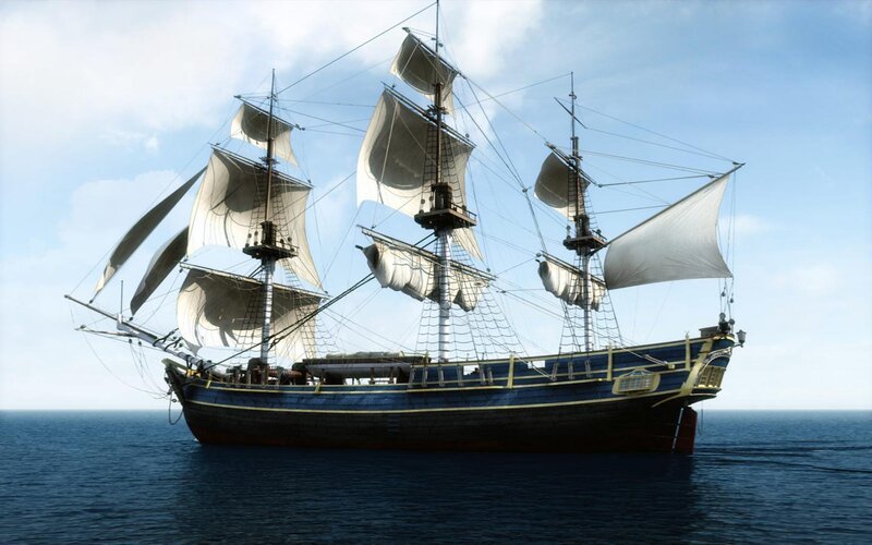 Sailing Ship on Ocean — Blue, Serene, Afternoon, 3d Render, Sails