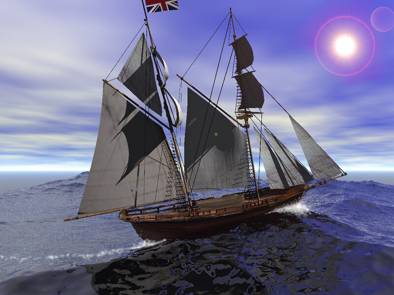 Sailing Ship on Ocean — Blue, Serene, Afternoon, 3d Render, Sky, Sun