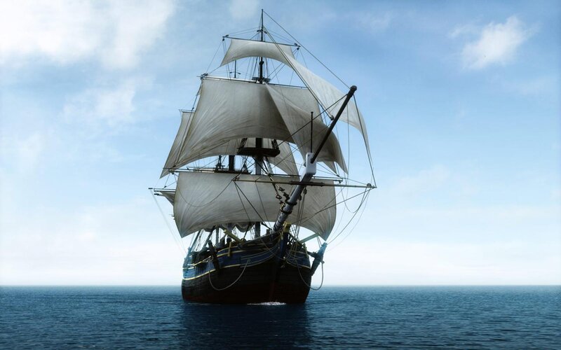 Sailing Ship on Ocean — Blue, Serene, Afternoon, 3d Render