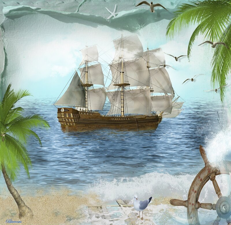 Sailing Ship on Ocean — Blue, Serene, Afternoon, Digital Art