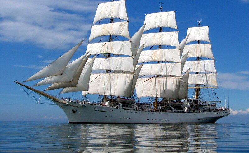 Sailing Ship on Ocean — Blue, Serene, Afternoon, Photograph, Sails, Mast