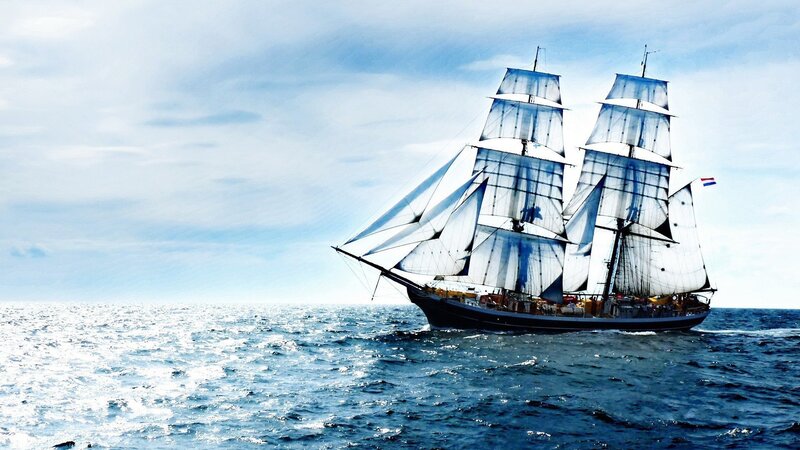 Sailing Ship on Ocean — Blue, Serene, Afternoon