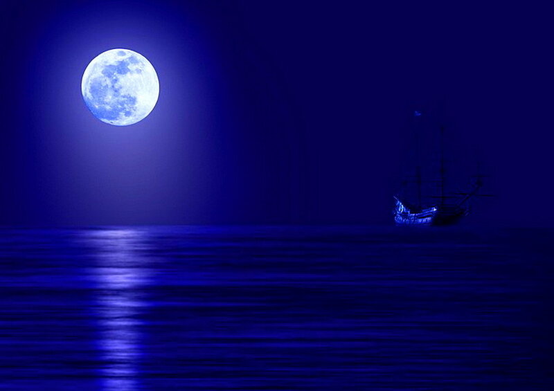 Sailing Ship on Ocean — Blue, Serene, Night, Digital Art