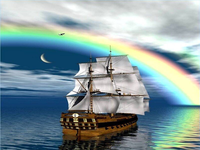 Sailing Ship on Ocean — Blue, Serene, Night