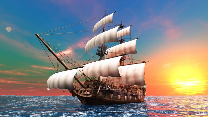 Sailing Ship on Ocean — Blue, Serene, Sunset, 3d Render, Sky