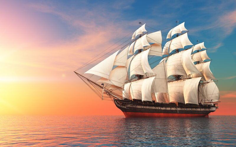 Sailing Ship on Ocean — Blue, Serene, Sunset, Digital Art, Sky