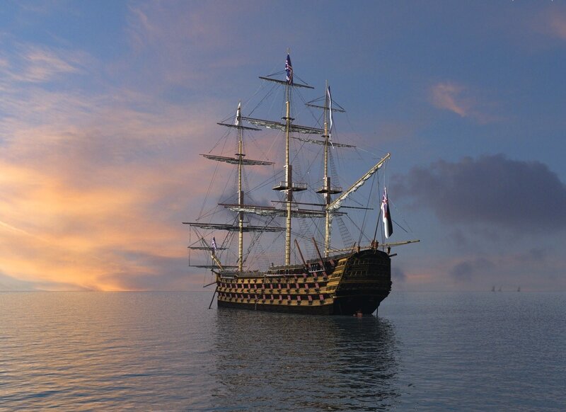 Sailing Ship on Ocean — Blue, Serene, Sunset, Digital Art