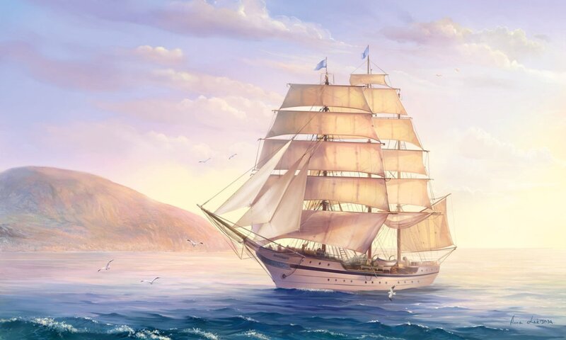 Sailing Ship on Ocean — Blue, Serene, Sunset, Painting