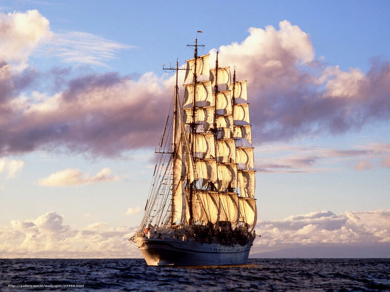Sailing Ship on Ocean — Blue, Serene, Sunset, Photograph