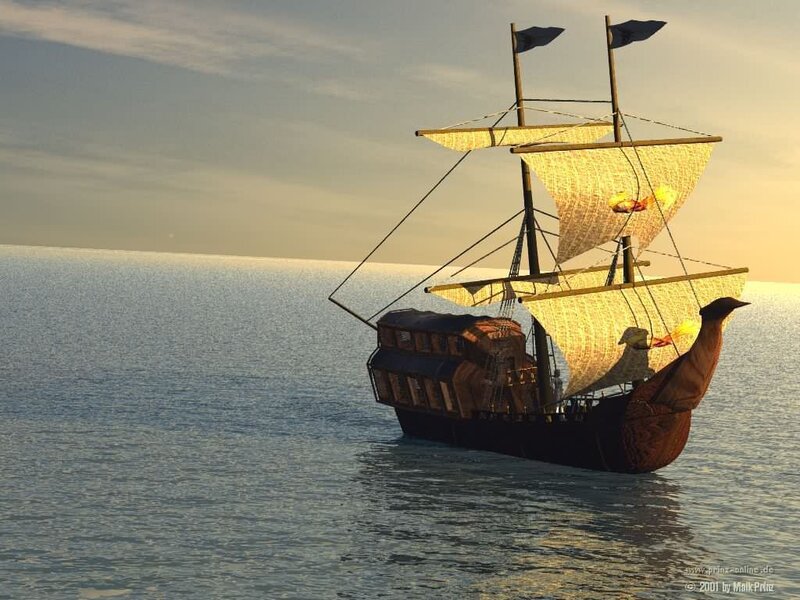 Sailing Ship on Ocean — Blue, Serene, Sunset