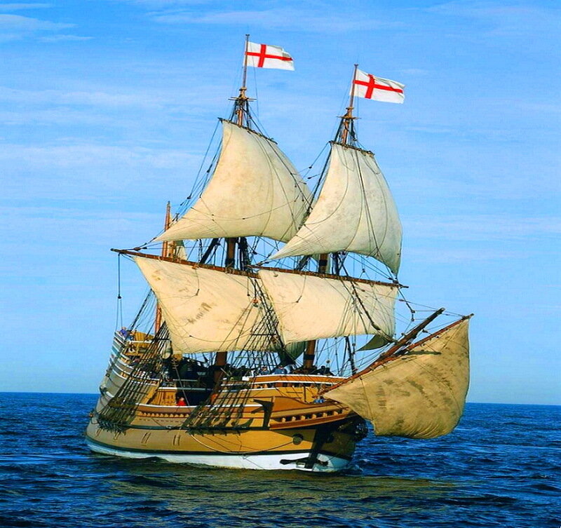Sailing Ship on Ocean — Blue, Serene