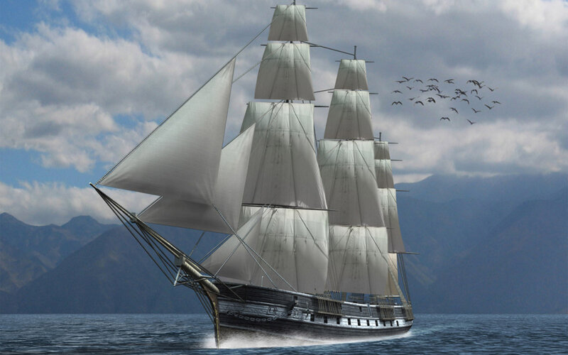 Sailing Ship on Ocean — Blue