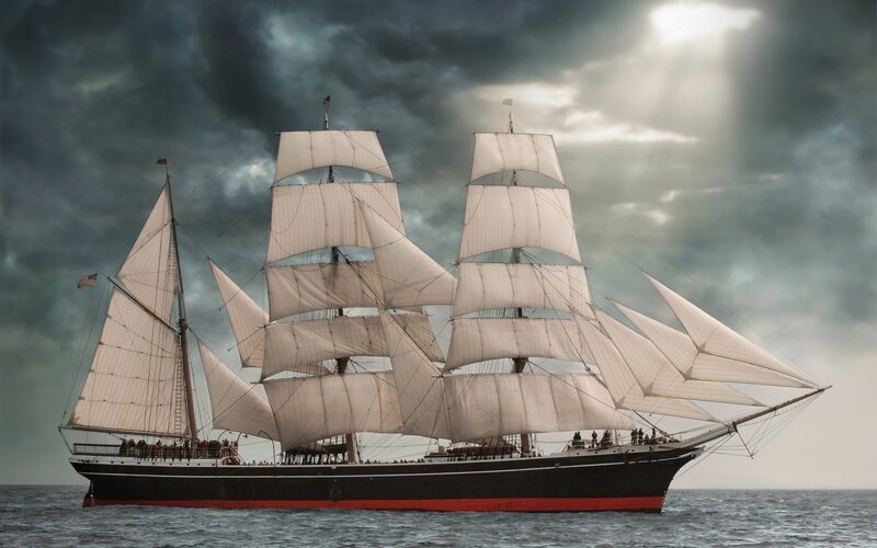 Sailing Ship on Ocean — Gray, Dramatic, Photograph, Clouds