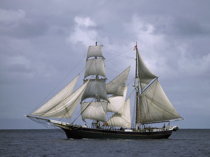 Sailing Ship on Ocean — Gray, Dramatic, Photograph, Sky, Sails
