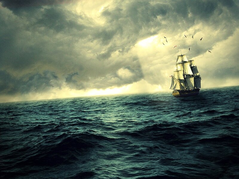 Sailing Ship on Ocean — Gray, Dramatic, Sunrise, Digital Art