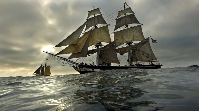 Sailing Ship on Ocean — Gray, Dramatic, Sunrise