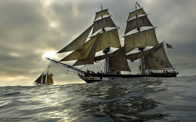 Sailing Ship on Ocean — Gray, Dramatic, Sunset, Photograph
