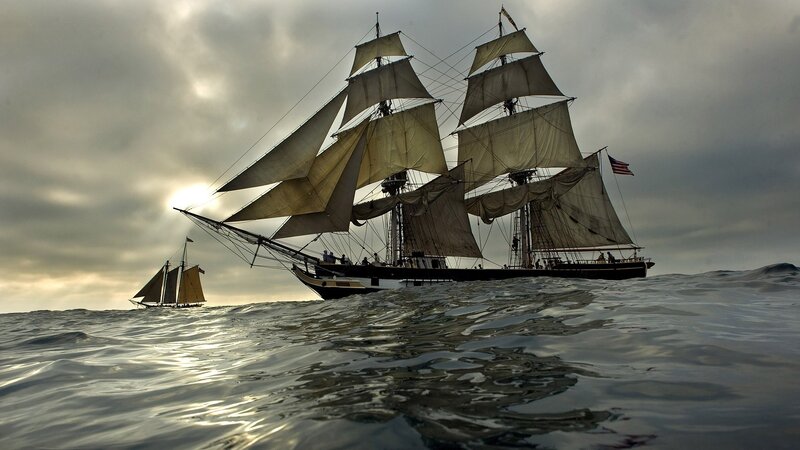 Sailing Ship on Ocean — Gray, Dramatic, Sunset