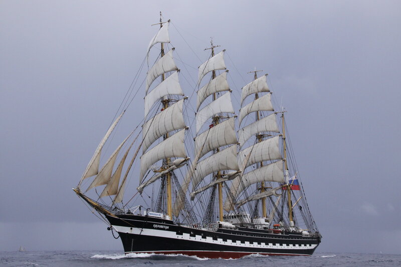 Sailing Ship on Ocean — Gray, Dramatic