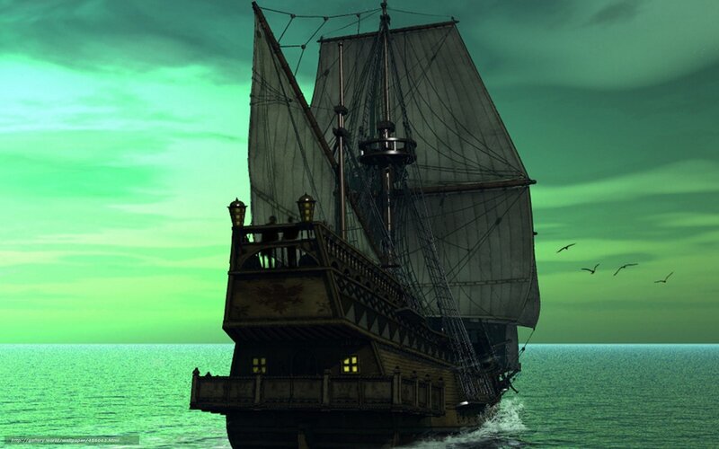 Sailing Ship on Ocean — Green