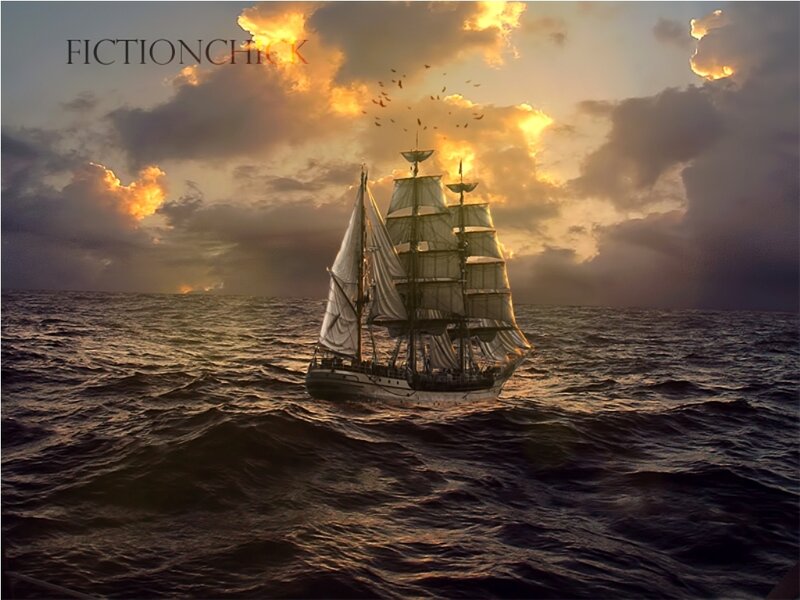 Sailing Ship on Ocean — Orange, Dramatic, Sunset, Digital Art, Sky