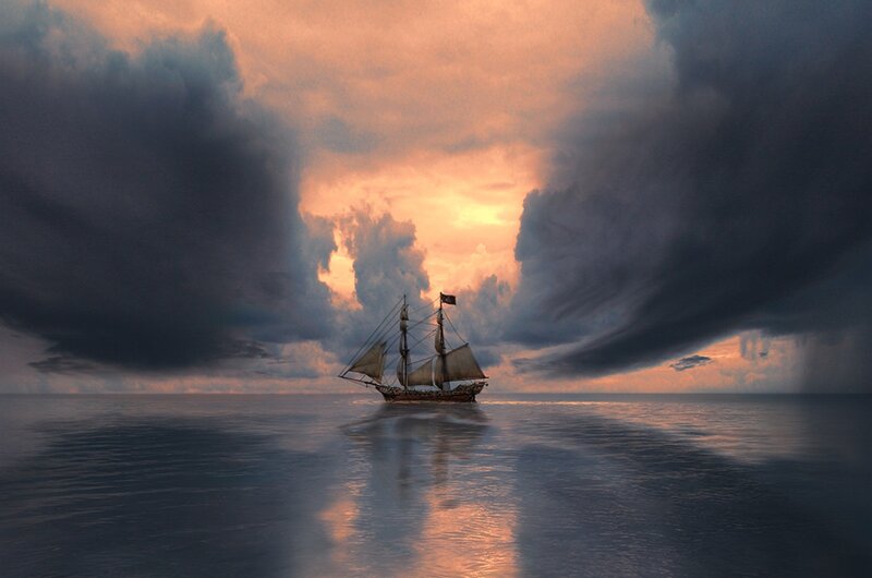 Sailing Ship on Ocean — Orange, Dramatic, Sunset, Digital Art