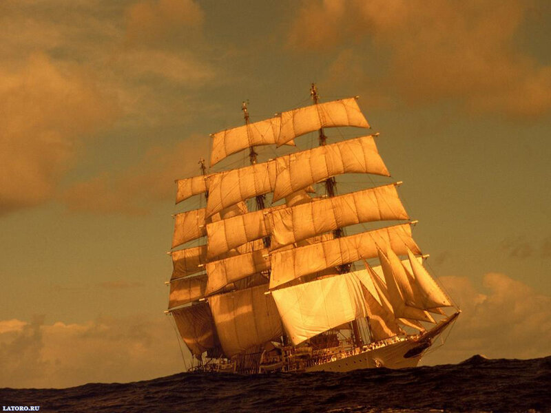 Sailing Ship on Ocean — Orange, Dramatic, Sunset, Photograph