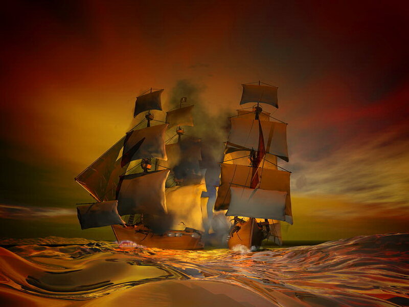 Sailing Ship on Ocean — Orange, Dramatic, Sunset