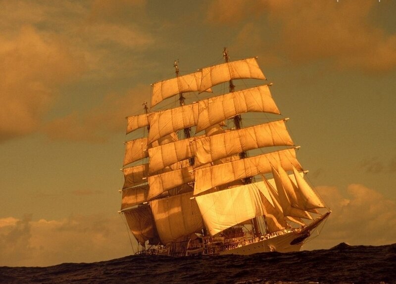 Sailing Ship on Ocean — Orange, Dramatic