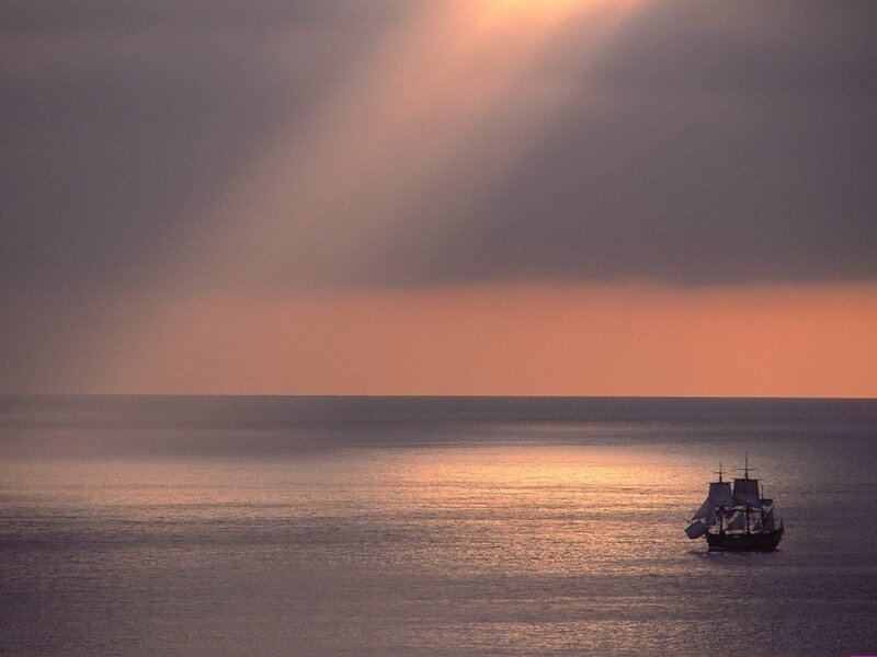 Sailing Ship on Ocean — Orange, Serene