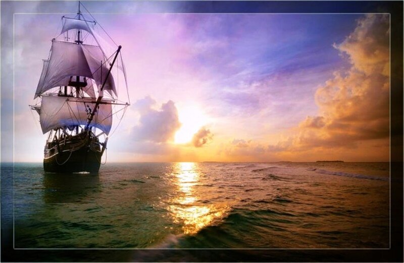 Sailing Ship on Ocean — Purple