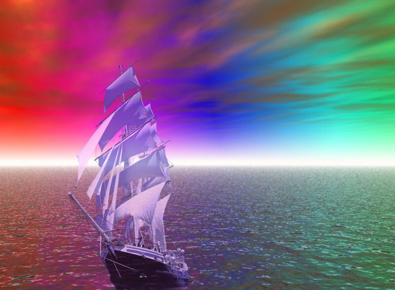 Sailing Ship on Ocean — Red, Dramatic