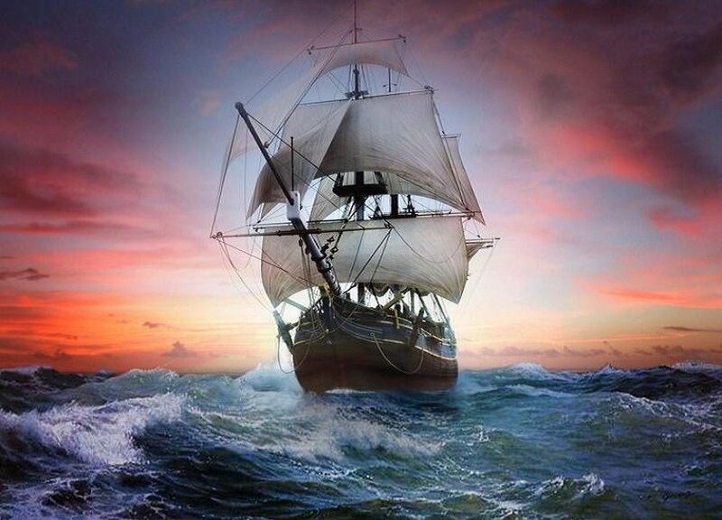 Sailing Ship on Ocean — Red
