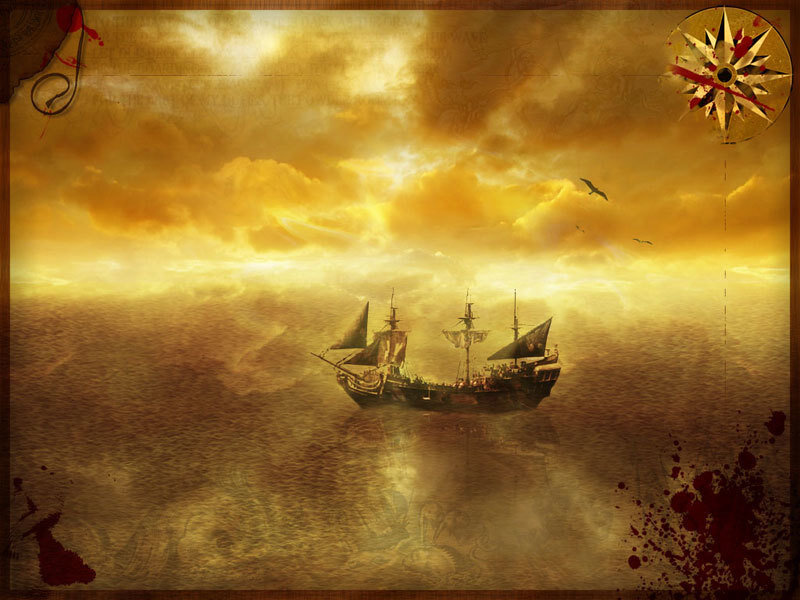 Sailing Ship on Ocean — Yellow, Dramatic, Sunset