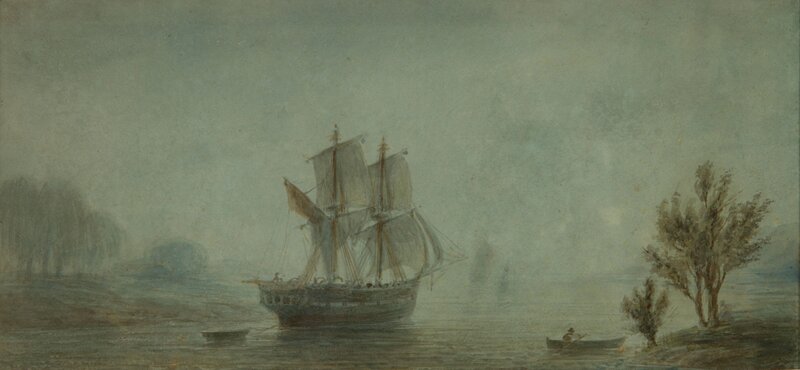 Sailing Ship on River — Gray, Calm