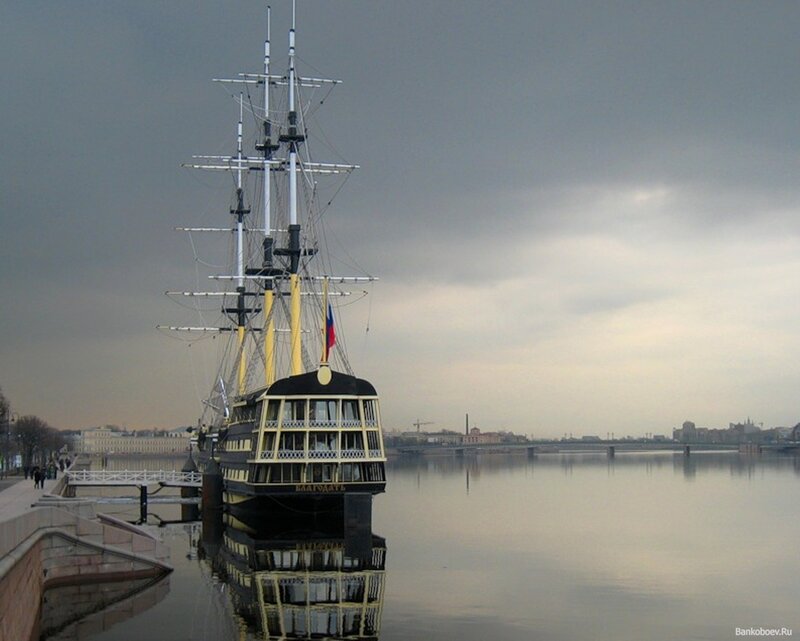 Sailing Ship on River — Gray