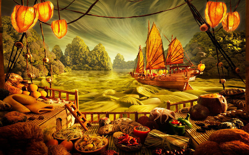 Sailing Ship on River — Green, Dramatic