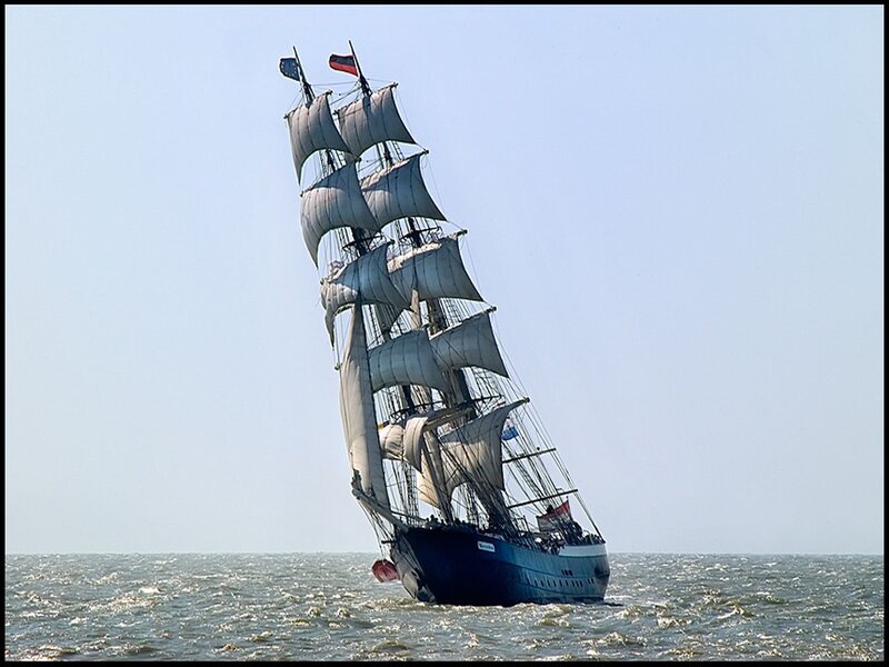 Sailing Ship on Sea — Blue, Calm