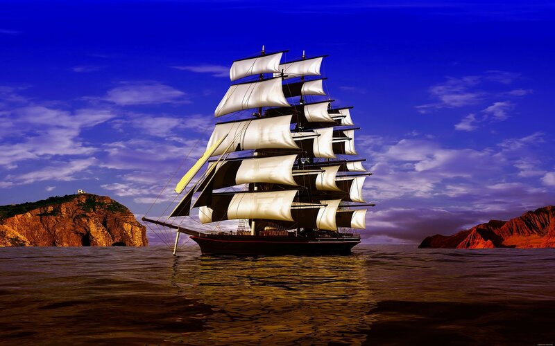 Sailing Ship on Sea — Blue, Dramatic, Sunset
