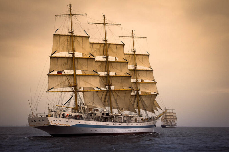 Sailing Ship on Sea — Blue, Serene