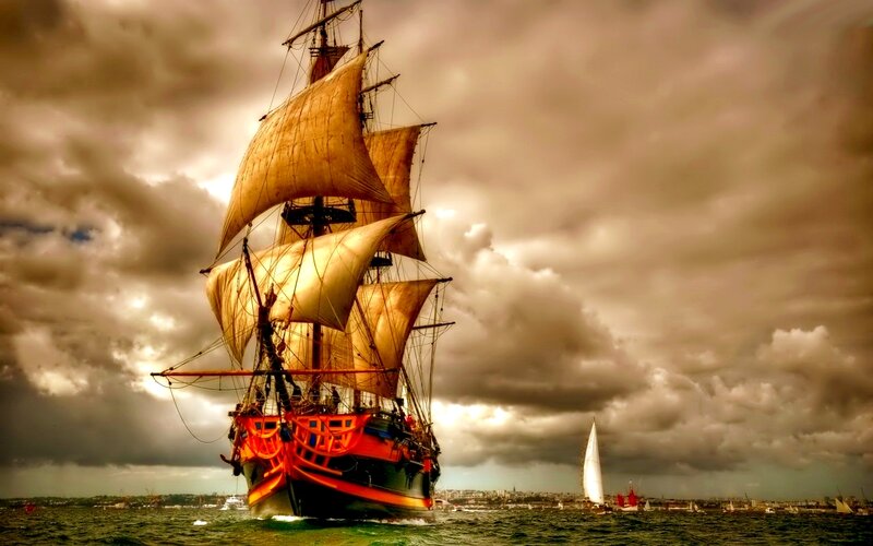 Sailing Ship on Sea — Brown, Dramatic