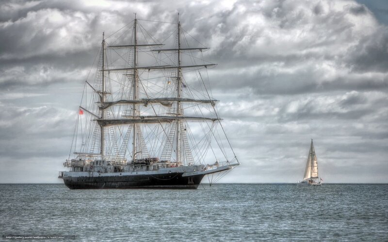 Sailing Ship on Sea — Gray, Dramatic, Photograph, Sailboat, Cloudy Sky, Ocean